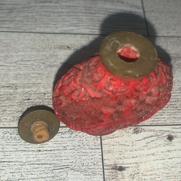 Antique Chinese Snuff Bottle Red Cinnabar Lacquer Resin Bird Tree Water Lilly - Picture 4 of 7